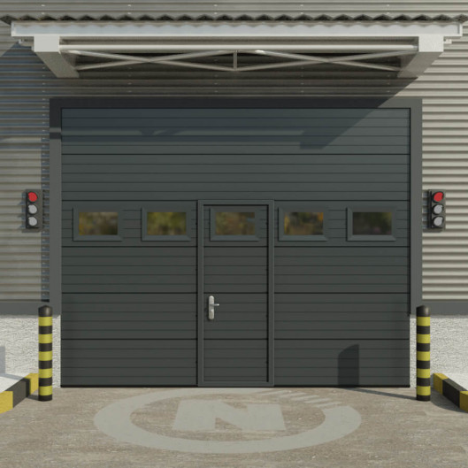 Porte de Garage Sectionnelle Industrielle avec portillon et hublots "sur mesure" gris anthracite