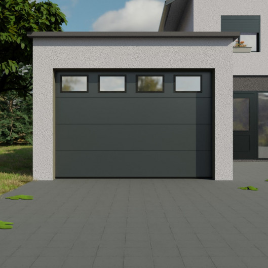 Porte de Garage Sectionnelle avec hublots rectangle Alunox à l'horizontale anthracite