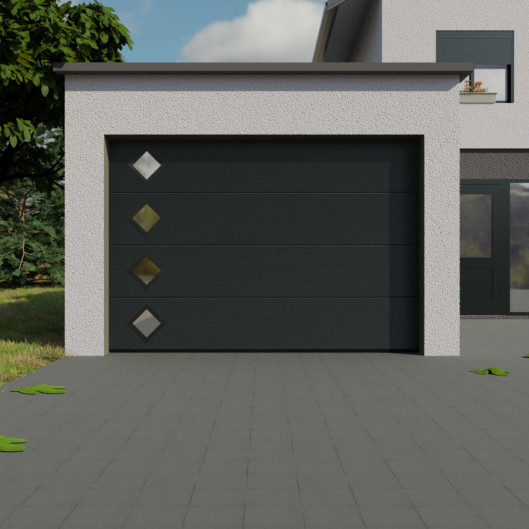 Porte garage sectionnelle micro rib gris anthracite avec hublots à la verticale en alunox